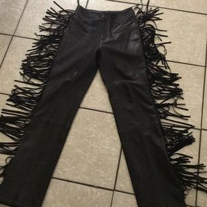 DKNY Leather pants with suede fringe.